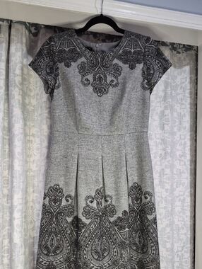 Talbots Gray and Black Paisley Wool Lined Short Skeeve Dress